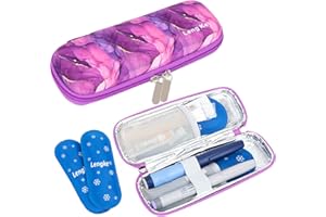 SUNMON Insulin Cooler Travel Case with 2 Ice Packs - Compact Hard EVA Diabetic Supplies Organiser & Medication Cool Bag - Portable Holder for 2 Pens - Waterproof & Shockproof (Marble Purple)