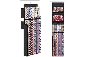 Woodoulogy Wrapping Paper Organizer Storage, Double-Sided Hanging Gift Wrap Roll Holder for Christmas, 63"x13" Over Door Present Bag Container for Room Closet, Black Wrapper Station for Birthday