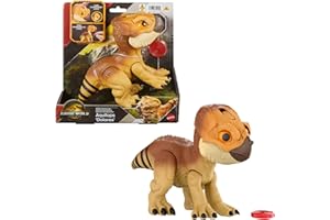 Mattel Jurassic World: El Renacer, Aquilops Dolores Protector Primal, dinosaurio interactivo con acción de ataque y sonidos, mascota electrónica con accesorio de comida, JGC01