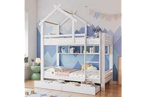 Oslghy Cama Infantil, Litera Matrimonio 90x200, Litera para Niños con 2 Cajones y Estantes, Cama Altill con Escalera de Tres Peldaños y Tejado, Cama Altillo con Listones de Madera, Sin Colchón