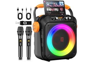 HWWR Karaoke Maschine mit 2 Mikrofonen, Karaoke Set Tragbarer Kabelloser Lautsprecher Party Musik Box mit LED-Leuchten, Bluetooth Karaoke Maschine System PA Anlage unterstützt TWS/USB/TF-Karte/AUX/FM