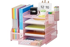 Marbrasse Organizer na Biurko z Uchwytem na Dokumenty,5-Poziomowy Regał na Listy z Szufladą I 2 Uchwytami na Długopisy, Akcesoria Biurko,Miejsce Organizer,Uchwyt Czasopisma (Różowy)