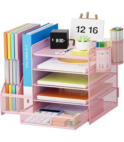Organiseur De Bureau 5 Niveaux Rose – Avec Porte-Documents, 3 Porte-Stylos Et Poignées, Design Élégant Et Pratique