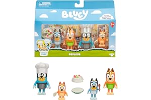 Bluey It's Time For Pavlova With This Pavlova 4 Pack, Includes, Bingo, Bandit In His Chef Hat and Chilli and 2 Accessories, Four 6-7.6 CM Articulated Figures