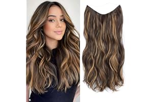 Ms Taj Invisible Secret Wire Extensions 50cm, Honey Brown with Highlights Extensions lange mit Einstellbarer Größe,ein Stück Synthetik lockiges Haarverlängerungen Clip in Haarteile für Frauen