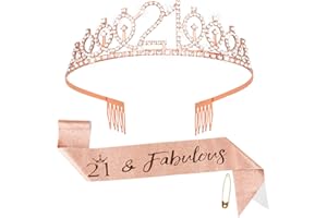 Fowecelt 21st Birthday Sash Tiara - Rose Gold Birthday Queen Tiara and Sash for Women, Rhinestone Crowns Kit for 21st Birthday Gifts, Crystal Tiara Satin Sash for 21st Birthday Party