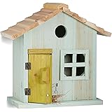 Relaxdays Nistkasten, Vogelhäuschen, Tür, Fenster, Holz, kleines Flugloch, Singvögel, HBT: 25,5 x 15,8 x 13 cm, hellblau
