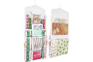 SumDirect White Double Sided Hanging Gift Wrap Organizer, Wrapping Paper Gift Bag Storage