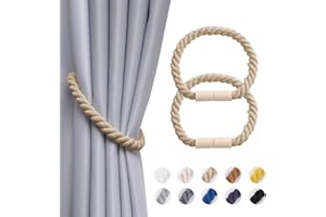 Pretty Jolly 2 Stück Magnetische Vorhang Raffhalter aus Holz, Boho Heimdekoration, drapierte Raffhalter, handgefertigt, Baumwollseil, Vorhanghalter für Zuhause und Büro, Fenstervorhänge (Dunkelbeige)