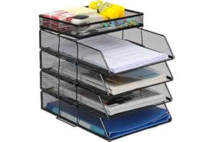 EasyPAG Portadocumenti da Scrivania A4 5 Compartimenti Metallo Rete,Organizzatore Carta,Vassoio Lettere,Ripiano Portacorrispondenza per Ufficio & Casa,Nero