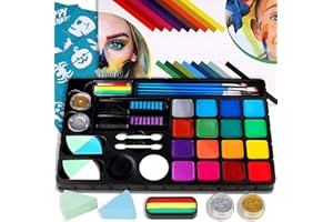 FLYISH DIRECT Maquillage Enfant Kit Peinture Visage Enfant, Maquillage Halloween, 18 grandes peintures à l'eau, 28 pochoirs, un gâteau arc-en-ciel, 2 craies pour cheveux 6 pinceaux 2 paillettes