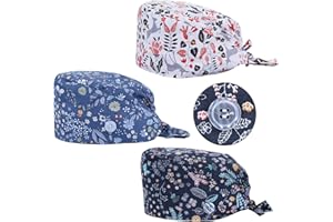 ASTER 3 Pezzi Cappelli da Lavoro con Bottoni Cappe Fascia Regolabile da Coda di Cavallo coperture per Capelli Cuffie per la Doccia Cappello Cuffia Chirurgica Bandana Donna Uomo con Lacci a Nastro