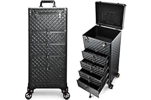 KZRUEB Kosmetik Trolley mit 4 Schubladen Friseurkoffer Groß Kosmetikkoffer Ngaelkoffer Make up Koffer mit 360° drehbare Rollen Schminkkoffer Abschließbarer Nageldesign Koffer Werkzugkoffer,Schwarz