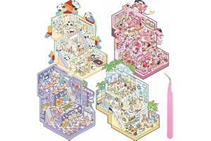 Wnqou 4 juegos de calcomanías 3D de casa, calcomanías de escena 3D, calcomanías de escena de cabina simuladas, versión grande, bonitas calcomanías de paisaje de dibujos animados para adultos y niños,