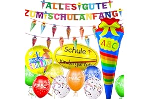HOECMRHP Einschulung Deko, Girlande Alles Gute Zum Schulanfang + Schuleinführung Zuckertüten Banner + 18 Luftballon mit ABC 123 Motiv + 2 Schultüte Konfetti + 3 Schule Folienballon für Jungen Mädchen