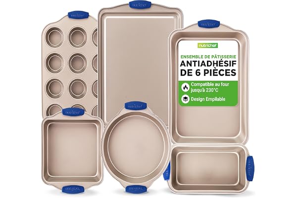 NutriChef Moules à Pâtisserie, Set de 6 Moules Antiadhésif en Acier au Carbone, Adaptés au Four jusqu'à 230°C, pour Pizza, Pain, Muffins, Rôtissoire,Formes Ronds et Carrés, et Plaque à Biscuits
