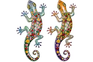 AOFOX 2 piezas de metal gecko decoración de pared lagarto jardín arte escultura colgante de color para interior y exterior patio valla (estampado floral)