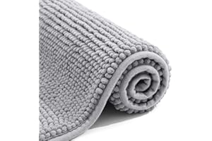 OLANLY Chenille Bath Mat, 40 x 60 cm, Extra Soft Non Slip Bathroom Mat, Super Absorbent Fluffy Bath Mats for Bathroom Floor, Machine-Washable Dry Bath Rug Foot Mat, Grey