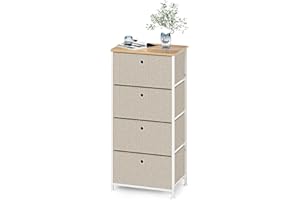 ‎WEEU Kommode Schrank mit 4 Schubladen Schränke aus Stoff Metall Beistelltisch Organizer Praktischer Platzsparend Aufbewahrungsboxen für Schlafzimmer Büro Wohnzimmer Flur Stahl Holz Weiß & Beige