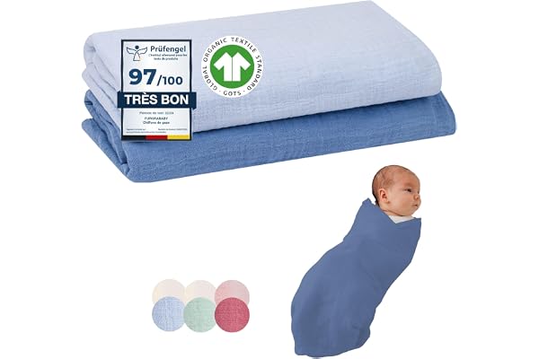 furora BABY Lange Bebe 80x80 cm, Mousseline (très Doux) en Coton Biologique (Oeko TEX 100 + GOTS) | Langes Coton bébé, Mousselines emmaillotage Bebe - Lavable à 60° (Ocean | 120x120cm)