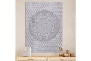 THE ART BOX Indie - Arazzo da parete in cotone, motivo mandala, decorazione per soggiorno, camera da letto, colore argento e bianco, 75 x 100 cm