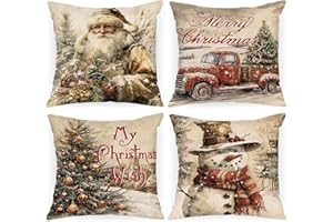 Lanpn Zestaw 4 szt. Świąteczne poszewki na poduszki 50 x 50 cm, Poszewka na poduszkę Dekoracyjna do zimowe wakacje salonu sypialni sofy łóżka dekoracje świąteczne (Święty Mikołaj Bałwan i Ciężarówka)
