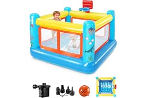 Uppblåsbar hoppborg för barn från 3–6 år, liten PVC-hoppborg-lekhus med hoppkudde, basketkorg och hoppspel, inklusive luftpum