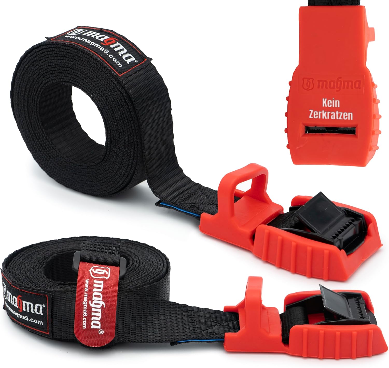 MAGMA Pack 2 Cinchas de Amarre de 3m | Correas para Baca Coche y Portabicicletas. Surf, Bici, Kayak, Moto | Hebilla -Trinquete con Protección de Goma para no rayar | Carga Segura - SWL: 250kgf Rojo