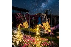 FLSEPAMB Watering Can Solar Lights Garden (2 Pack), IP65 Watering Can with Cascading Lights, Warm Watering Garden Light Decor with Bracket for Pathway, Yard, Patio, Backyard, Bronze, (HSD)