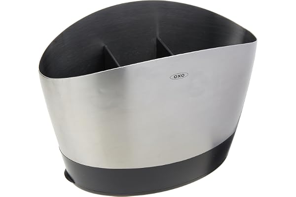 OXO Good Grips redskapshållare i borstat rostfritt stål | Platsbesparande oval form, formad botten, 3 fack, uttagbar droppbricka, tål diskmaskin