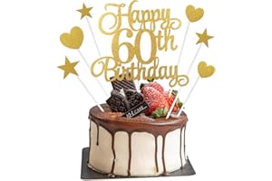 APLZGMG 60th Birthday Cake Decorations, 7Pcs Personalised Happy 60th Birthday Cake Topper with Heart Star Cupcake Picks, Gold Glitter Happy 60 Years Old Birthday Sign for Birthday Party Supplies