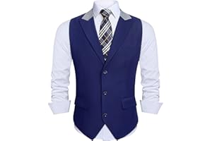 HISDERN Męska kamizelka bez rękawów, klasyczna kamizelka z formalnym klapą z 3 kieszeniami na Boże Narodzenie ślub, XS-4XL
