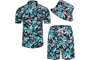 Angenster Hawaii Hemd Männer, 3 Pcs Hawaii Outfit Herren Festival Outfit mit Fischerhut Hawaihemd Shorts, Sommerhemd Herren Flamingo Floral Strandhemd Faltenfrei Urlaub Hemd Set