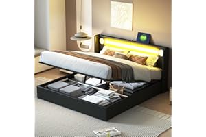 KEYIDE Letto matrimoniale imbottito 160 x 200 cm, con testiera LED, altoparlante Bluetooth e ricarica USB, in ecopelle, letto imbottito con spazio e rete a doghe, senza materasso (nero, 160 x 200 cm)