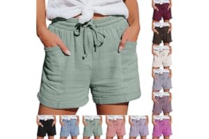Shffuw Linen Shorts Women Ladies Solid Colour Drawstring with Pockets Elastic Waist Loose Casual Pants Summer Clothes Cotton Beach Walking Shorts for Women UK