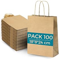 Sacchetti regalo marroni con manici, 100 sacchetti regalo di carta, sacchetti colorati per feste fai da te e dolci con manici intrecciati, 18 x 9 x 22 cm
