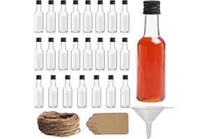 BELLE VOUS 24 Bottigliette per Liquori - Mini Bottiglie Vuote di Plastica Riutilizzabili da 50 ml con Tappi a Vite, Etichette in Iuta e Imbuto - Bottiglie Liquore Mignon per Matrimoni e Feste