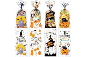 RICEDUO Halloween Cellophane Treat Bags - Trick or Treat Goody Bags, 100pcs with Twists for Snacks & Cookies Packing, Party Supplies