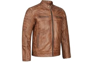 Leatherick Giacca da motociclista in vera pelle dall'aspetto invecchiato marrone chiaro, marrone invecchiato