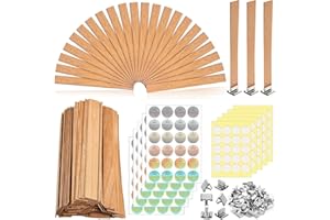 LZMDISU 420PCS Wood Wicks for Candles Making, with 100 Crackling Wood Candle Wicks & 100 Metal Base 120 Warning Labels 100 Glue Dot for Candle Making Kit