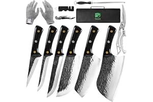 FULLHI Juego de cuchillos de carnicero con tijeras Cuchillo deshuesador forjado a mano Cuchillo de pescado de acero al carbono para cocinar, acampar y hacer BBQ (Negro, Nuevo 12 PCS)