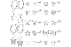 FIOROYAL 14 Pairs Hypoallergenic Earrings Set for Girls Women Kids Surgical Stainless Steel Screw Back Earrings for Sensitive Ears Cute CZ Heart Flower Butterfly Stud Hoop Earring Gift