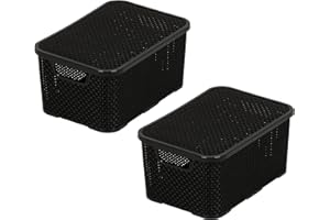 BRANQ HOME ESSENTIAL BranQ - Home Essential Cesta con tapa en diseño de ratán, juego de 2 unidades, tamaño S, 7 L, sin bisfenol A, plástico polipropileno, negro, 28,5 x 19,5 x 12,9 cm, 2 unidades