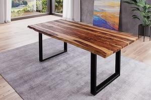 BETT11 SAM B-Ware Baumkantentisch 180x90cm Barney, Sheesham-Holz shinafarben lackiert, Esstisch mit echter Baumkante, massiver Esszimmertisch mit U-Gestell Mattschwarz, Tischplatte 35mm