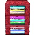Kuber Industries Clothes Organizer For Wardrobe (Pack of 3) - Storage Organizer For Saree | Shirts | Lehanga | Clothes - Dress Organizer For Wardrobe - Saree Covers With Zip (Printed) (Red)