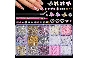 10 000 st nagelberlocker och ädelstenar: rosa söt rosett hjärta 3D-blomma berlocker för skräpbok-fodral-kit; guld tjocka fjärilsberlocker för naglar, nagelsmycken diamant strass för naglar; pärlor och
