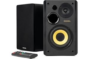 Roxel Soleil Active Bookshelf HiFi Speakers,Sub Woofer Output, 2.0 Stereo Sound, Wireless BT 5.3, Optical, RCA, USB, HDMI(ARC), Built-In Amp, Adjustable Bass/Treble, 3 Metre Speaker Cable