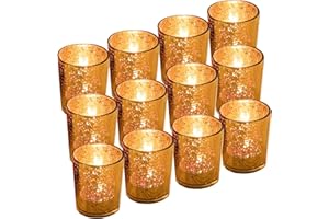 GUIFIER Juego de 12 Candelabros de Velas en Cristal Soporte para Portavelas para Velas LED de té Portavelas de Cristal Dorado 2,67 "H Candelita Candelero Oro Vidrio Mercurio para Navidad Fiestas