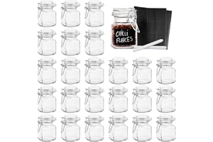 Ek & stål – 24 miniklämmor topp glasburkar – 100 ml glasbehållare med lock, 48 etiketter och 2 kritpennor (8 x 5 cm) – perfek