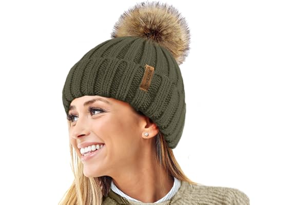 TOSKATOK® Femmes Hiver Rib Bonnet/Beanie avec Chunky détachable en Fausse Fourrure Bobble Pom Pom